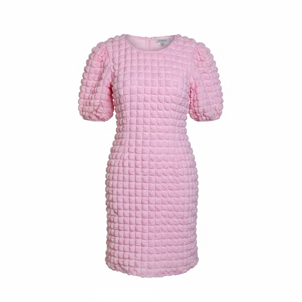 She + Sky Popcorn Bubble Dress Women Size Medium Pink Textured Puff Sleeve Mini